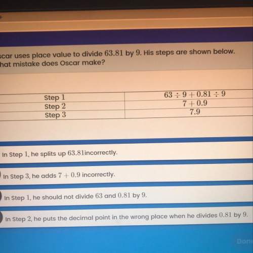 Oscar uses place value to divide 63.81 by 9 his steps are shiwn below what mistake does oscar make