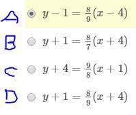 What is the equation in point-slope form of a line that passes through the points (−4, −1) and (5, 7