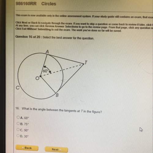 What is the angle between the tangents at t in the figure?  a. 60 b. 75 c. 90