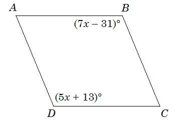 1. abcd is a parallelogram. find the value of x. a. x = 9 b. x = 22 c. x = 1