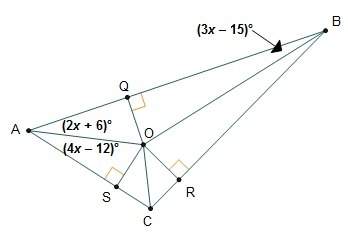 Point o is the incenter of δabc. what is mqbo?  mqbo is degrees.