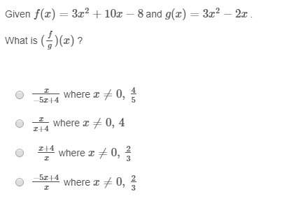 Given f(x)=3x^2+10x−8 and g(x)=3x^2−2x . what is (fg)(x)
