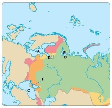 15 points!  which geographical location do the letters a, b, c, d, e, and f refer to?