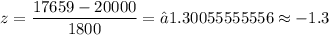 z=\dfrac{17659-20000}{1800}=−1.30055555556\approx-1.3