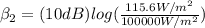 \beta_{2}=(10dB) log(\frac{115.6W/m^2}{100000W/m^2})