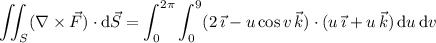 \displaystyle\iint_S(\nabla\times\vec F)\cdot\mathrm d\vec S=\int_0^{2\pi}\int_0^9(2\,\vec\imath-u\cos v\,\vec k)\cdot(u\,\vec\imath+u\,\vec k)\,\mathrm du\,\mathrm dv