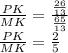 \frac{PK}{MK}=\frac{\frac{26}{13}}{\frac{65}{13}}\\ \frac{PK}{MK}=\frac{2}{5}