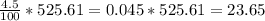 \frac{4.5}{100}*525.61=0.045*525.61=23.65