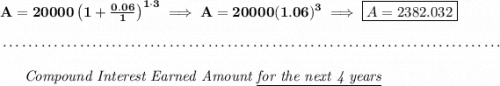 \bf A=20000\left(1+\frac{0.06}{1}\right)^{1\cdot 3}\implies A=20000(1.06)^3\implies \boxed{A=2382.032} \\\\[-0.35em] ~\dotfill\\\\ ~~~~~~ \textit{Compound Interest Earned Amount \underline{for the next 4 years}}