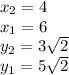 x_2=4\\x_1=6\\y_2=3\sqrt{2}\\y_1=5\sqrt{2}