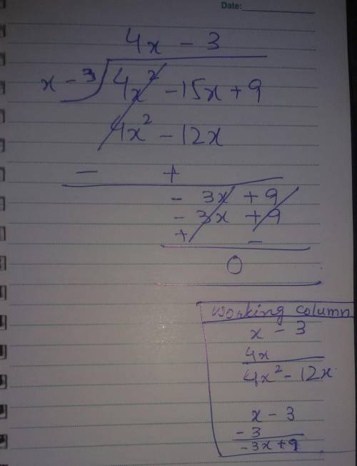 What is the quotient of (4x2 − 15x + 9) ÷ (x − 3)?