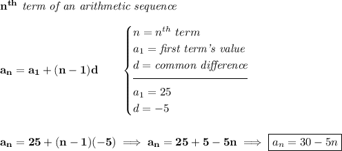 \bf n^{th}\textit{ term of an arithmetic sequence} \\\\ a_n=a_1+(n-1)d\qquad \begin{cases} n=n^{th}\ term\\ a_1=\textit{first term's value}\\ d=\textit{common difference}\\[-0.5em] \hrulefill\\ a_1=25\\ d=-5 \end{cases} \\\\\\ a_n=25+(n-1)(-5)\implies a_n=25+5-5n\implies \boxed{a_n=30-5n}