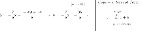 \bf y=-\cfrac{7}{2}x+\cfrac{-49+14}{2}\implies y=-\cfrac{7}{2}x\stackrel{\stackrel{\left( 0~,~-\frac{35}{2} \right)}{\downarrow }}{-\cfrac{35}{2}}\impliedby \begin{array}{|c|ll} \cline{1-1} slope-intercept~form\\ \cline{1-1} \\ y=\underset{y-intercept}{\stackrel{slope\qquad }{\stackrel{\downarrow }{m}x+\underset{\uparrow }{b}}} \\\\ \cline{1-1} \end{array}