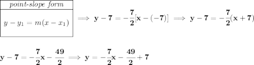 \bf \begin{array}{|c|ll} \cline{1-1} \textit{point-slope form}\\ \cline{1-1} \\ y-y_1=m(x-x_1) \\\\ \cline{1-1} \end{array}\implies y-7=-\cfrac{7}{2}[x-(-7)]\implies y-7=-\cfrac{7}{2}(x+7) \\\\\\ y-7=-\cfrac{7}{2}x-\cfrac{49}{2}\implies y=-\cfrac{7}{2}x-\cfrac{49}{2}+7