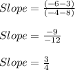 Slope=\frac{(-6-3)}{(-4-8)}\\\\Slope=\frac{-9}{-12}\\\\Slope=\frac{3}{4}