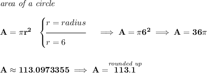 \bf \textit{area of a circle}\\\\ A=\pi r^2~~ \begin{cases} r=radius\\[-0.5em] \hrulefill\\ r=6 \end{cases}\implies A=\pi 6^2\implies A=36\pi \\\\\\ A \approx 113.0973355\implies A=\stackrel{\textit{rounded up}}{113.1}