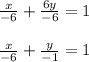 \frac{x}{-6}+\frac{6y}{-6}=1\\\\\frac{x}{-6}+\frac{y}{-1}=1