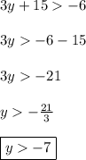 3y + 15  -6 \\ \\ 3y-6-15 \\ \\ 3y-21 \\ \\ y-\frac{21}{3} \\ \\ \boxed{y-7}