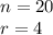 n = 20\\r = 4