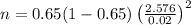 n=0.65(1-0.65) \left(\frac{2.576}{0.02} \right)^{2}