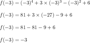 f(-3)=(-3)^4+3\times (-3)^3-(-3)^2+6\\\\f(-3)=81+3\times (-27)-9+6\\\\f(-3)=81-81-9+6\\\\f(-3)=-3