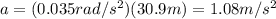 a=(0.035 rad/s^2)(30.9 m)=1.08 m/s^2