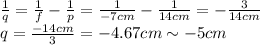 \frac{1}{q}=\frac{1}{f}-\frac{1}{p}=\frac{1}{-7 cm}-\frac{1}{14 cm}=-\frac{3}{14 cm}\\q=\frac{-14 cm}{3}=-4.67 cm \sim -5 cm