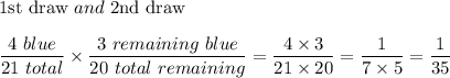 \text{1st draw}\ and\ \text{2nd draw}\\\\\dfrac{4\ blue}{21\ total}\times \dfrac{3\ remaining\ blue}{20\ total\ remaining}=\dfrac{4\times3}{21\times20} = \dfrac{1}{7\times5}=\dfrac{1}{35}