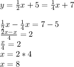 y=\frac{1}{2}x+5=\frac{1}{4}x+7\\\\\frac{1}{2}x-\frac{1}{4}x=7-5\\\frac{2x-x}{4}=2\\\frac{x}{4}=2\\x=2*4\\x=8