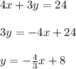 4x+3y=24\\\\3y=-4x+24\\\\y=-\frac{4}{3}x+8