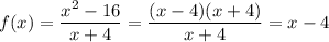 f(x)=\dfrac{x^2-16}{x+4}=\dfrac{(x-4)(x+4)}{x+4}=x-4