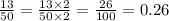 \frac{13}{50} = \frac{13 \times 2}{50 \times 2}= \frac{26}{100} = 0.26