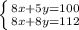 \left \{ {{8x+5y=100} \atop {8x+8y=112}} \right.