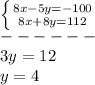 \left \{ {{8x-5y=-100}\atop {8x+8y=112}} \right.\\------\\3y=12\\y=4