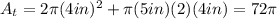 A_t=2\pi(4in)^{2}+\pi(5in)(2)(4in)=72\pi