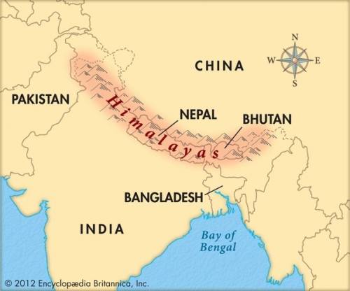 Which number represents the approximate location of the himalayan mountains?   a) 1 b) 2 c) 3 d) 4