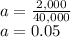 a = \frac {2,000} {40,000}\\a = 0.05