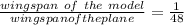 \frac{wingspan\ of\ the\ model}{ wingspan of the plane} = \frac{1}{48}