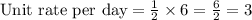 \text{Unit rate per day} = \frac{1}{2} \times 6 = \frac{6}{2} = 3