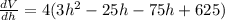 \frac{dV}{dh}=4(3h^2-25h-75h+625)
