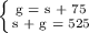 \left \{ {{\text{g = s + 75}} \atop {\text{s + g = 525}}} \right.