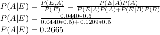 P(A | E) = \frac{P(E,A)}{P(E)} = \frac{P(E | A) P(A)}{P(E | A) P(A) + P(E | B) P(B)} \\P(A | E) = \frac{0.0440*0.5}{0.0440*0.5) + 0.1209*0.5} \\P(A | E) = 0.2665