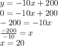 y=-10x+200\\0=-10x+200\\-200=-10x\\\frac{-200}{-10} =x\\x=20