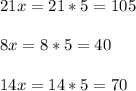 21x=21*5=105\\\\8x=8*5=40\\\\14x=14*5=70