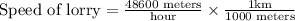 \text{Speed of lorry}=\frac{48600\text{ meters}}{\text{hour}}\times\frac{1 \text{km}}{1000\text{ meters}}