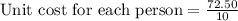 \text{Unit cost for each person} = \frac{72.50}{10}