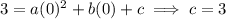 3 = a(0)^2 + b(0) + c \implies c = 3