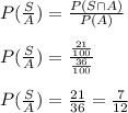 P(\frac{S}{A})=\frac{P(S\cap A)}{P(A)}\\\\P(\frac{S}{A})=\frac{\frac{21}{100}}{\frac{36}{100}}\\\\P(\frac{S}{A})=\frac{21}{36}=\frac{7}{12}
