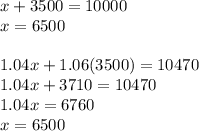 x+3500=10000\\x=6500\\\\1.04x+1.06(3500)=10470\\1.04x+3710=10470\\1.04x=6760\\x=6500