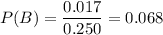 P(B)=\dfrac{0.017}{0.250}=0.068